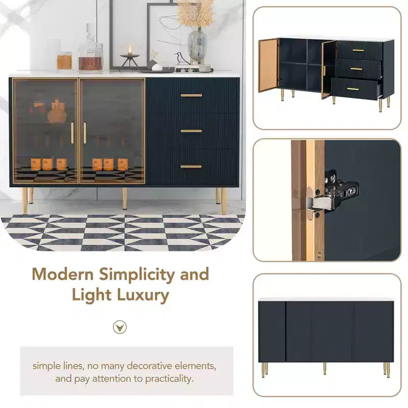 Bellemave Madia/Credenza Moderna con Ante in Vetro Temperato e Cassetti, Mobile Contenitore con Ripiani Regolabili, Blu Scuro