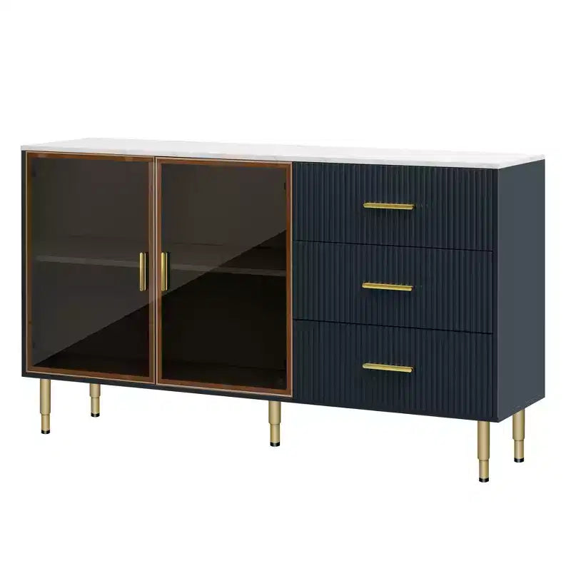 Bellemave Madia/Credenza Moderna con Ante in Vetro Temperato e Cassetti, Mobile Contenitore con Ripiani Regolabili, Blu Scuro