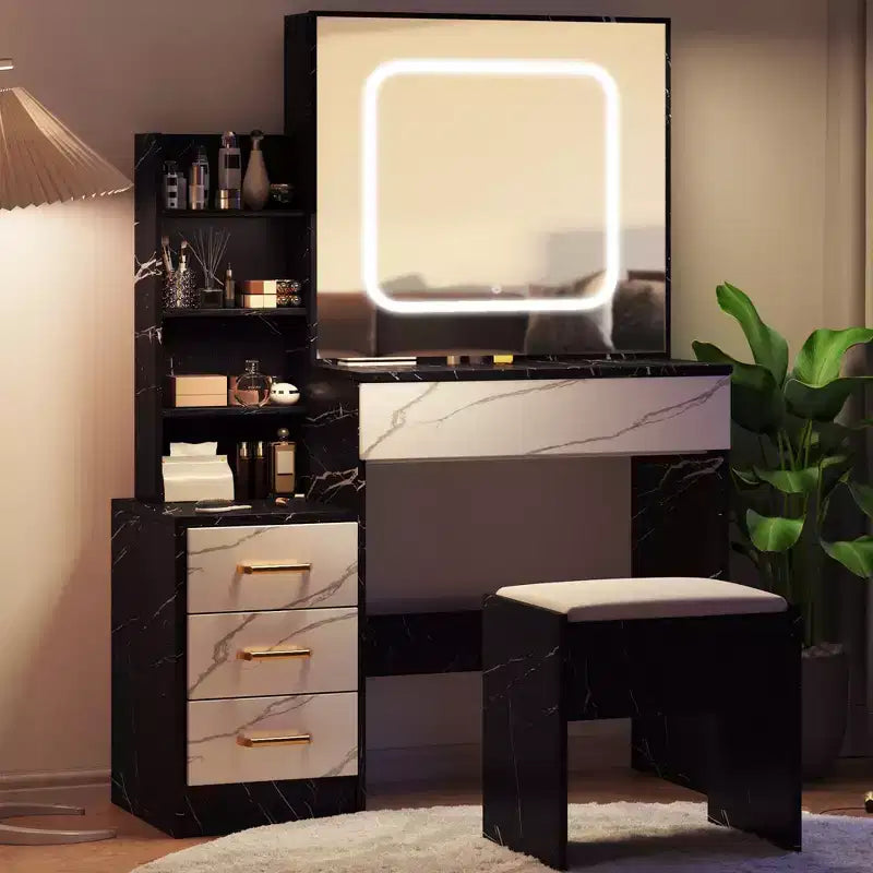 Toeletta con Specchio, Tavolo da Trucco e Sedia, 3 Modalità di Colore Regolabili, Ripiani Multistrato e Cassetti, per Camera da Letto