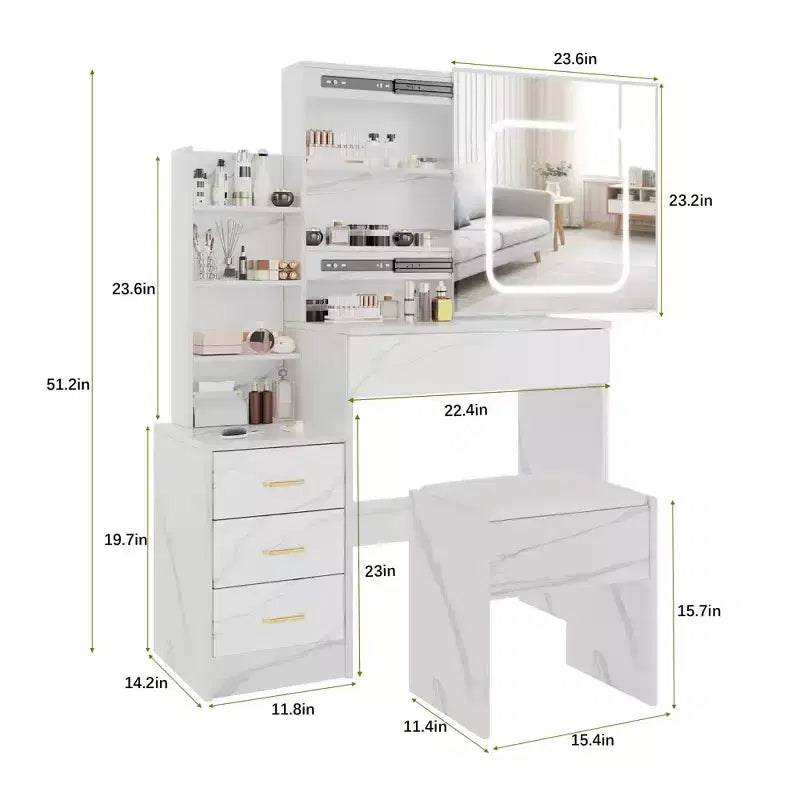 Toeletta con Specchio, Tavolo da Trucco e Sedia, 3 Modalità di Colore Regolabili, Ripiani Multistrato e Cassetti, per Camera da Letto