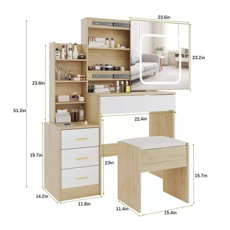 Toeletta con Specchio, Tavolo da Trucco e Sedia, 3 Modalità di Colore Regolabili, Ripiani Multistrato e Cassetti, per Camera da Letto