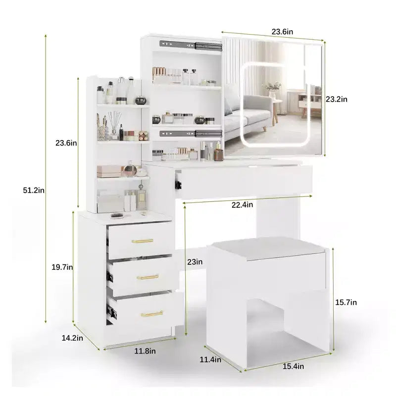 Toeletta con Specchio, Tavolo da Trucco e Sedia, 3 Modalità di Colore Regolabili, Ripiani Multistrato e Cassetti, per Camera da Letto