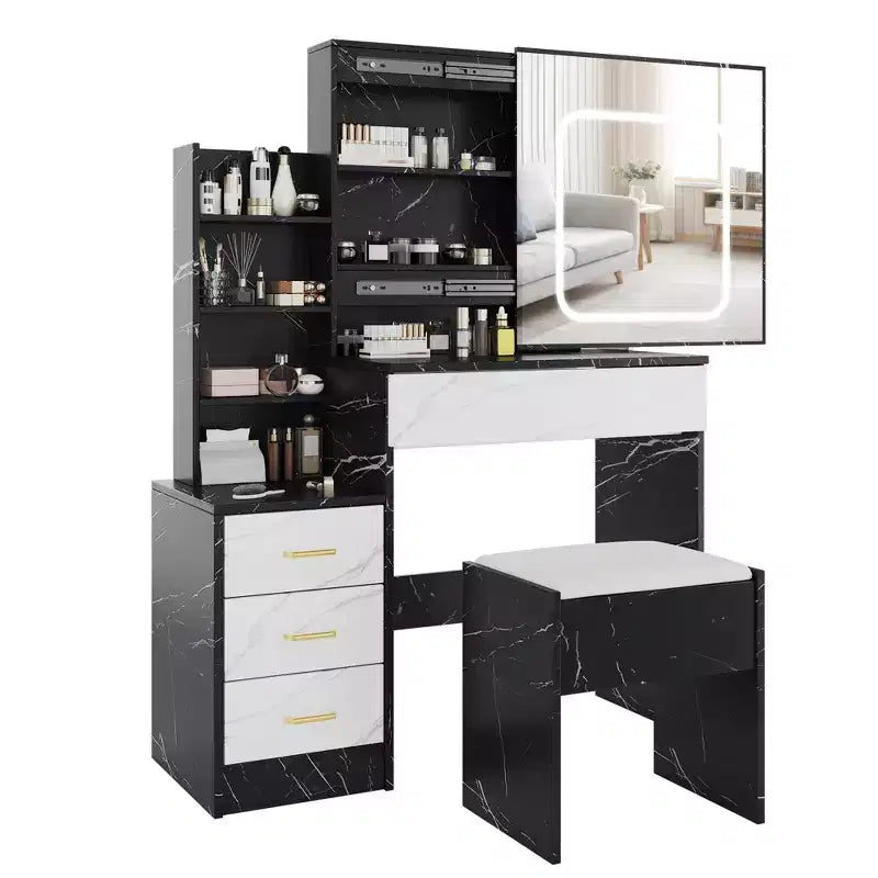 Toeletta con Specchio, Tavolo da Trucco e Sedia, 3 Modalità di Colore Regolabili, Ripiani Multistrato e Cassetti, per Camera da Letto