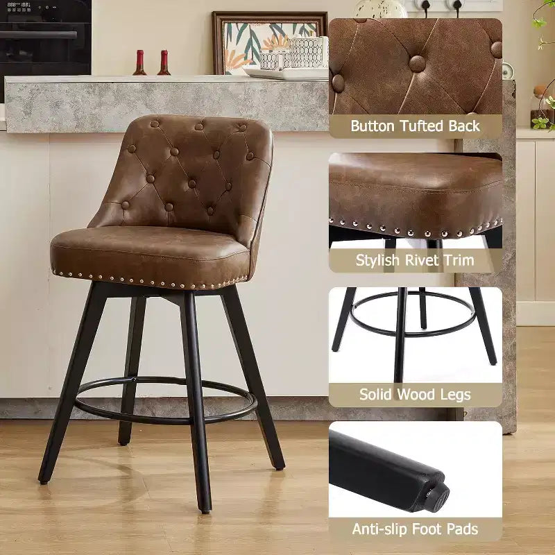 Sgabelli da Bar Girevoli ad Altezza Contro Moderni con Rivestimento, Gambe in Legno e Poggiapiedi per Cucina, Sala da Pranzo, Isola o Bar di Casa