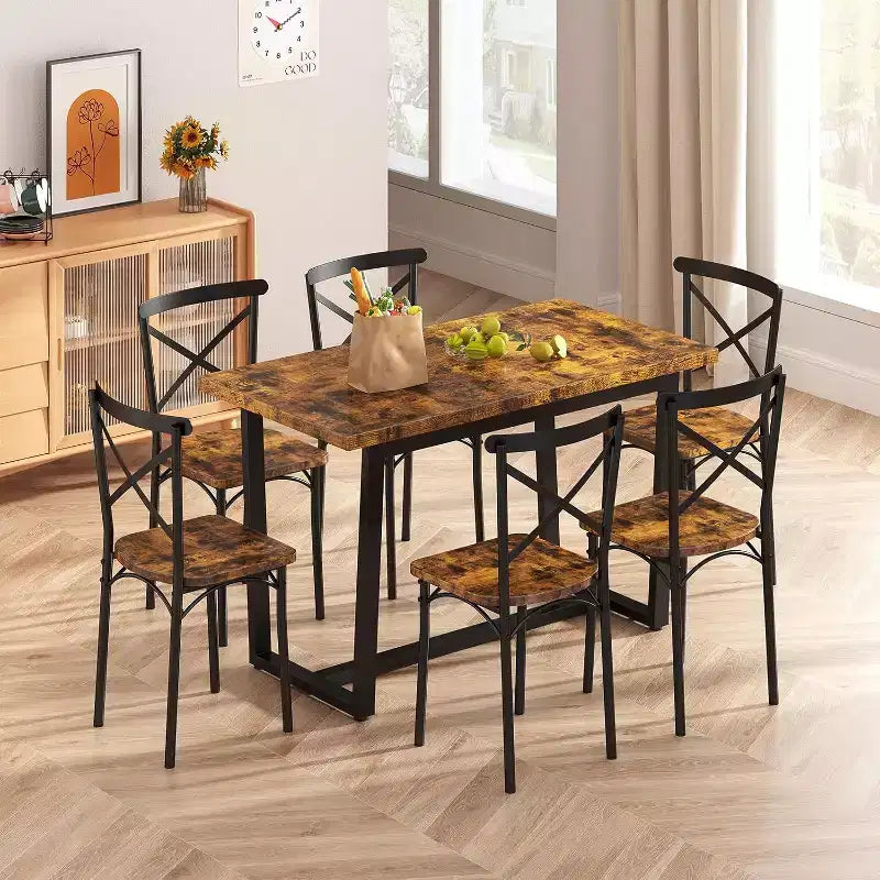Set da pranzo Zevemomo da 7 pezzi con tavolo e sedie, tavolo rettangolare con struttura in metallo e 6 sedie, per cucina, sala da pranzo e soggiorno, marrone