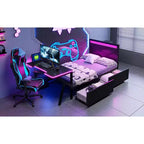 Bellemave Letto Gaming Singolo con Scrivania e LED e Cassetti, Letto per Gamer in Metallo, Letti Singoli con Scrivania, Nero