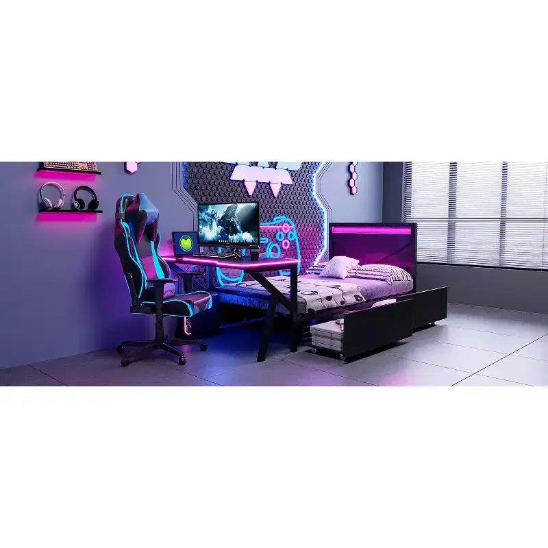 Bellemave Letto Gaming Singolo con Scrivania e LED e Cassetti, Letto per Gamer in Metallo, Letti Singoli con Scrivania, Nero