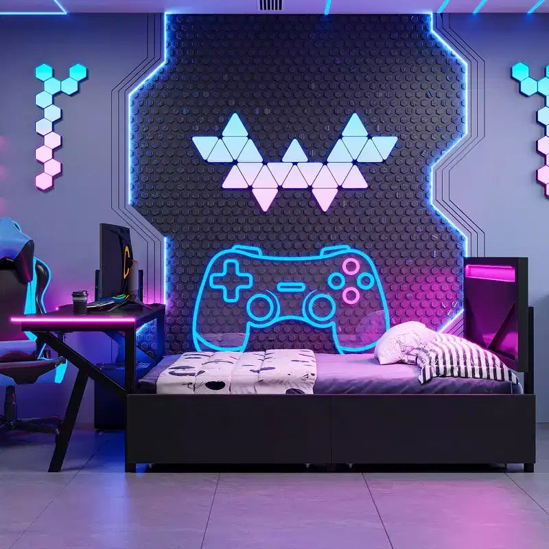 Bellemave Letto Gaming Singolo con Scrivania e LED e Cassetti, Letto per Gamer in Metallo, Letti Singoli con Scrivania, Nero