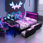 Bellemave Letto Gaming Singolo con Scrivania e LED e Cassetti, Letto per Gamer in Metallo, Letti Singoli con Scrivania, Nero