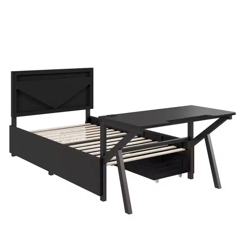 Bellemave Letto Gaming Singolo con Scrivania e LED e Cassetti, Letto per Gamer in Metallo, Letti Singoli con Scrivania, Nero