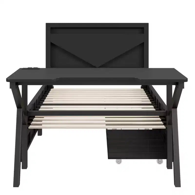 Bellemave Letto Gaming Singolo con Scrivania e LED e Cassetti, Letto per Gamer in Metallo, Letti Singoli con Scrivania, Nero