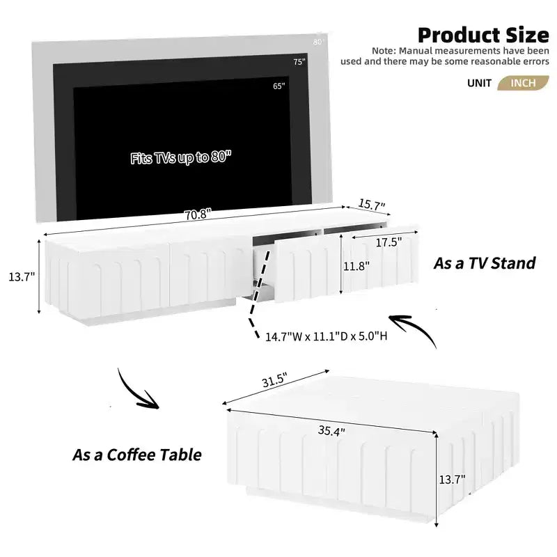 Mobile porta TV Whisen 80 con design ad arco, tavolino da caffè moderno a doppio uso con 4 cassetti, mobile contenitore multifunzionale