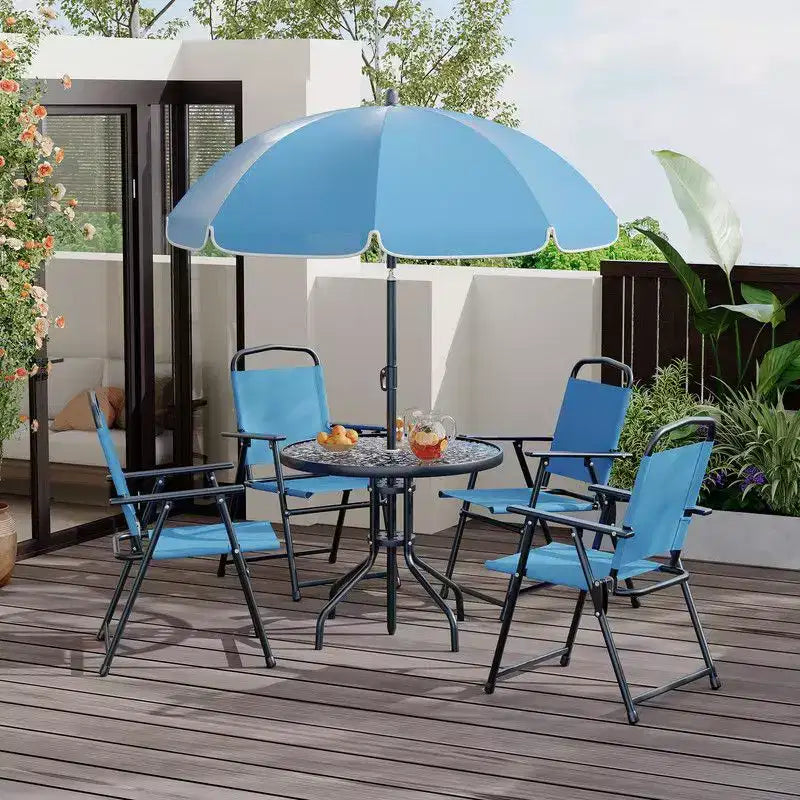 Coolmee Set da pranzo da esterno 6 pezzi con ombrellone, tavolo da patio e 4 sedie pieghevoli con ombrellone, tavolo da pranzo con piano in vetro temperato