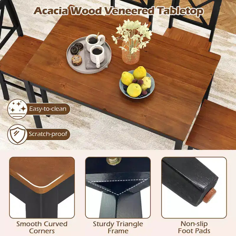 Set da pranzo Costway 5 pezzi per 4 persone con gambe in legno di caucciù, schienale a croce