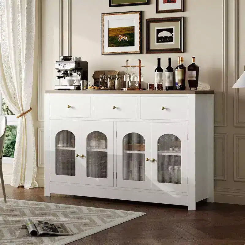 Coolmee Credenza a buffet con cassetti, credenza a buffet grande da 55 pollici con 3 cassetti e 4 ante, tavolino buffet da bar in legno
