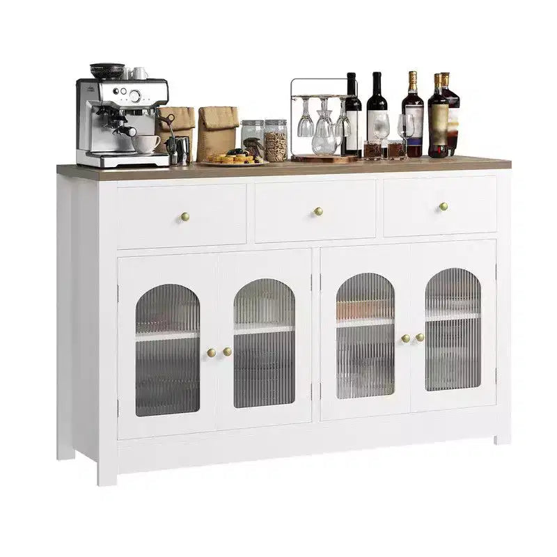 Coolmee Credenza a buffet con cassetti, credenza a buffet grande da 55 pollici con 3 cassetti e 4 ante, tavolino buffet da bar in legno