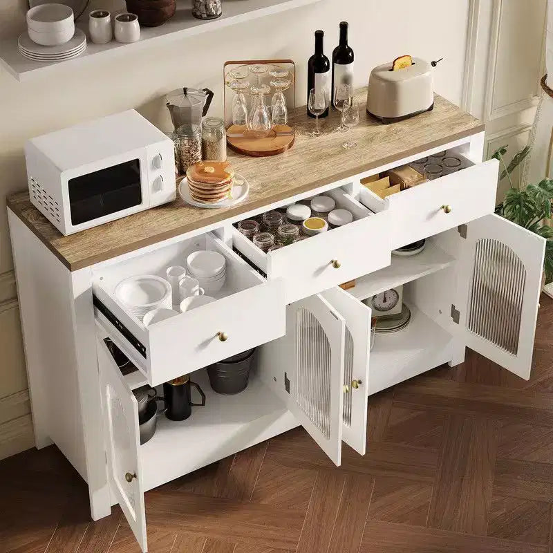 Coolmee Credenza a buffet con cassetti, credenza a buffet grande da 55 pollici con 3 cassetti e 4 ante, tavolino buffet da bar in legno