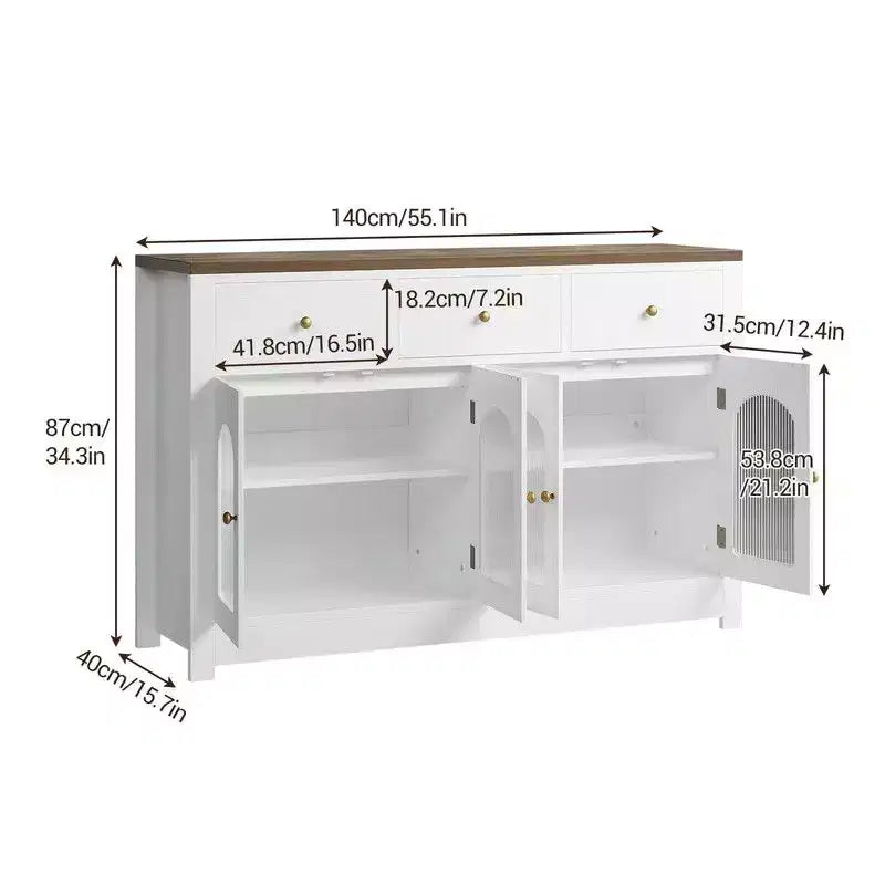 Coolmee Credenza a buffet con cassetti, credenza a buffet grande da 55 pollici con 3 cassetti e 4 ante, tavolino buffet da bar in legno