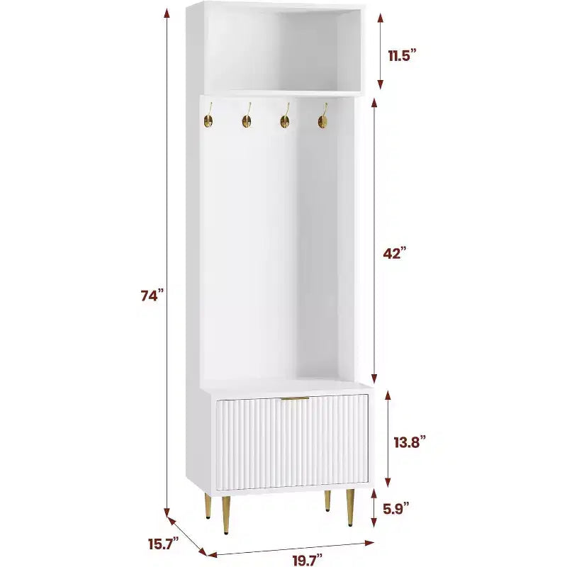 Mobile da ingresso 74'' con scarpiera e attaccapanni, panca contenitore con 4 ganci dorati e gambe in metallo, per ingresso, soggiorno, corridoio
