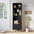 74'' Hall Tree with Shoe Bench and Coat Rack, Entryway Storage Bench with 4 Gold Hooks and Metal Legs, for Entryway, Living Room, Hallway