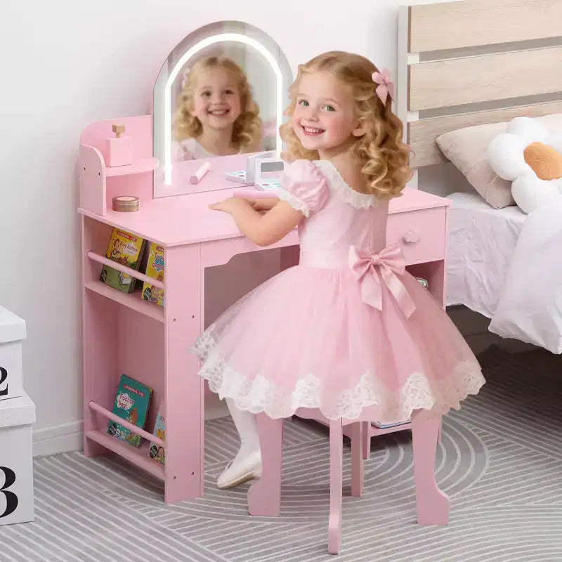 Specchio da trucco per bambini, tavolo e sgabello da trucco 2 in 1 per bambine, trucco per bambini con libreria, cassetto e ripiani aperti per bambine, bianco