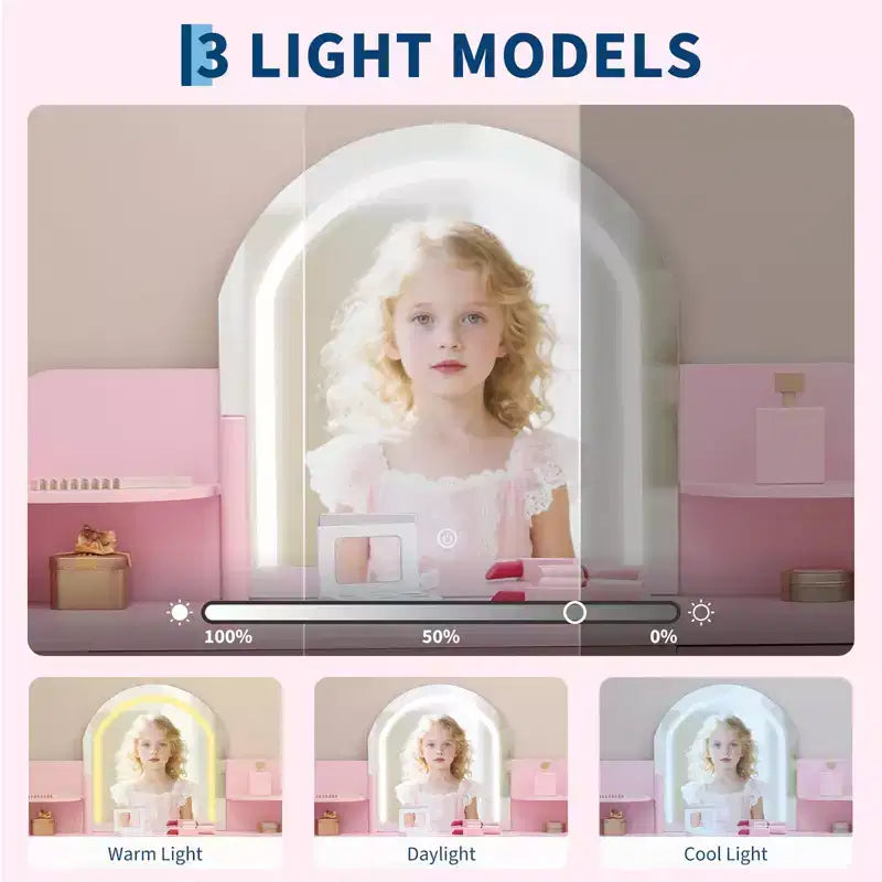 Specchio da trucco per bambini, tavolo e sgabello da trucco 2 in 1 per bambine, trucco per bambini con libreria, cassetto e ripiani aperti per bambine, bianco