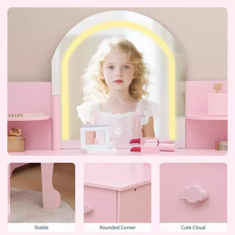 Specchio da trucco per bambini, tavolo e sgabello da trucco 2 in 1 per bambine, trucco per bambini con libreria, cassetto e ripiani aperti per bambine, bianco