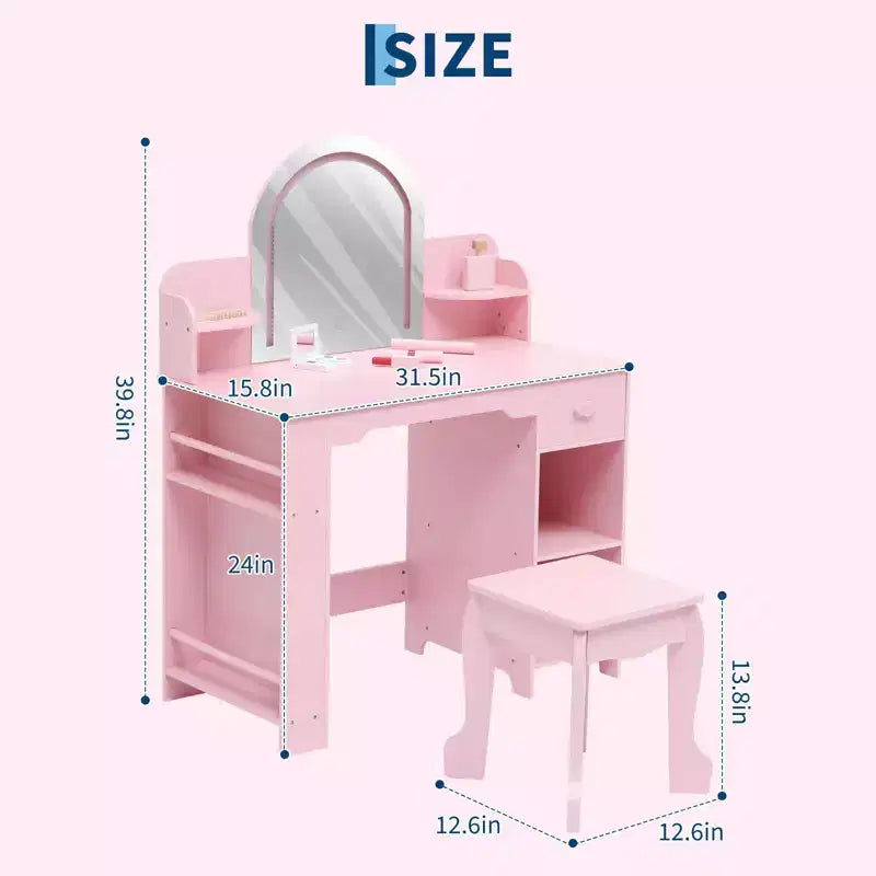 Specchio da trucco per bambini, tavolo e sgabello da trucco 2 in 1 per bambine, trucco per bambini con libreria, cassetto e ripiani aperti per bambine, bianco