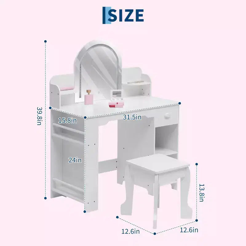 Specchio da trucco per bambini, tavolo e sgabello da trucco 2 in 1 per bambine, trucco per bambini con libreria, cassetto e ripiani aperti per bambine, bianco