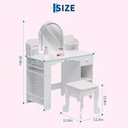 Specchio da trucco per bambini, tavolo e sgabello da trucco 2 in 1 per bambine, trucco per bambini con libreria, cassetto e ripiani aperti per bambine, bianco