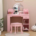 Kids Vanity Mirror, 2 in 1 Little Girls Vanity Table & Stool, Kids Makeup with Bookshelf, Drawer & Open Shelves for Girls, White
