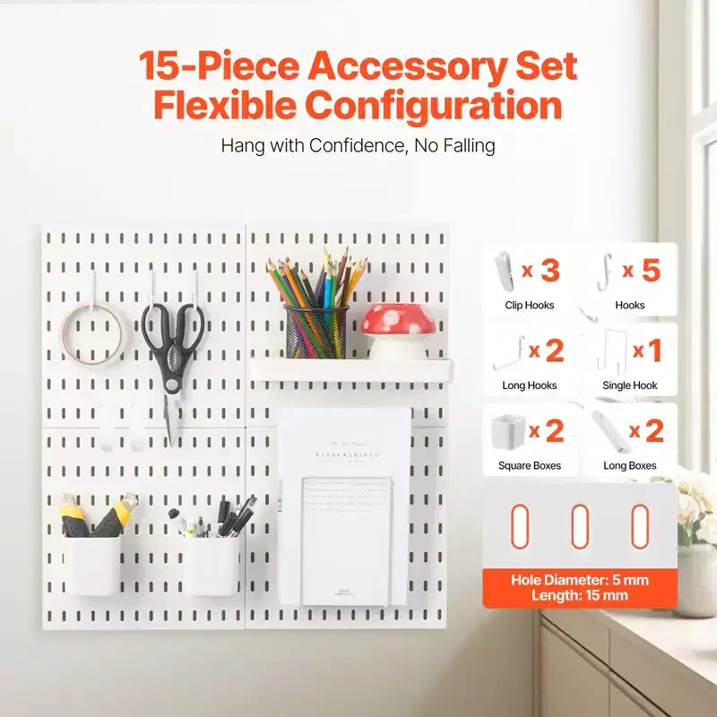 VEVOR Kit Combinazione Pannelli Forati, Pannelli Forati in Plastica 27,9 x 27,9 cm, 4 Pannelli, Kit Organizer da Parete con Pannelli Forati e Accessori, Bianco