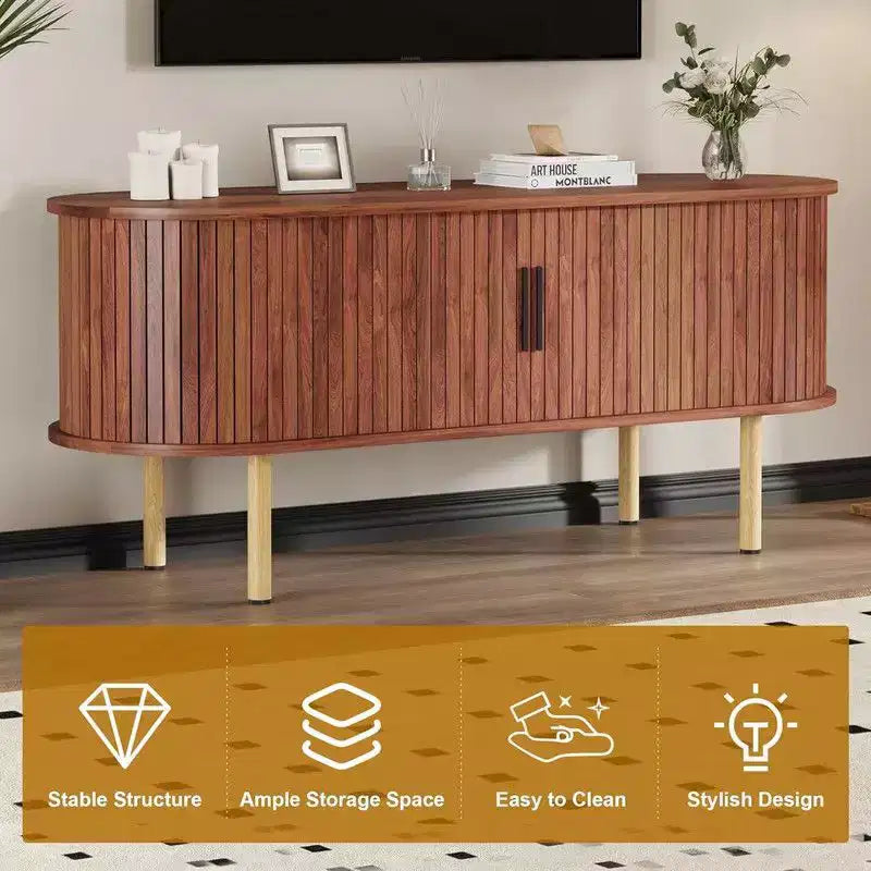 Coolmee Mobile TV da 120 cm con contenitore e ante scorrevoli, Consolle in legno per TV fino a 80 pollici, Centro di intrattenimento moderno