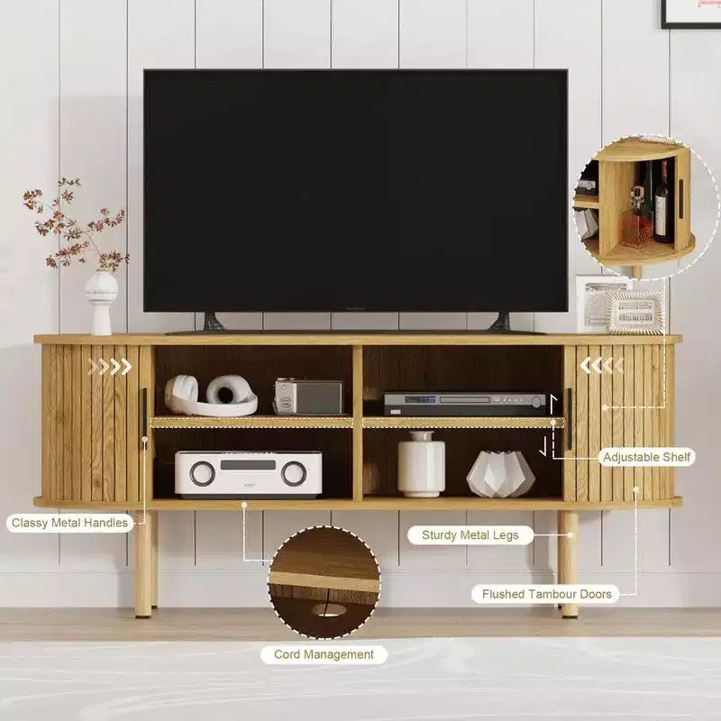 Coolmee Mobile TV da 120 cm con contenitore e ante scorrevoli, Consolle in legno per TV fino a 80 pollici, Centro di intrattenimento moderno
