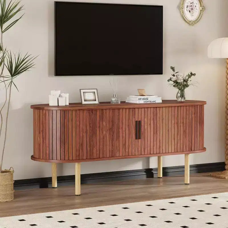 Coolmee Mobile TV da 120 cm con contenitore e ante scorrevoli, Consolle in legno per TV fino a 80 pollici, Centro di intrattenimento moderno