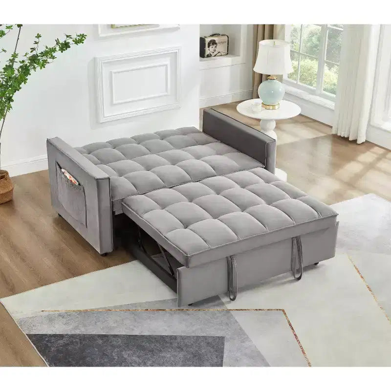 Divano Letto Convertibile Estraibile EHMKNP - Letto Full Size in Velluto Grigio Chiaro con Trapuntatura Capitonnè, Schienale Regolabile su 3 Livelli con 2 Tasche e 2 Cuscini per Appartamento