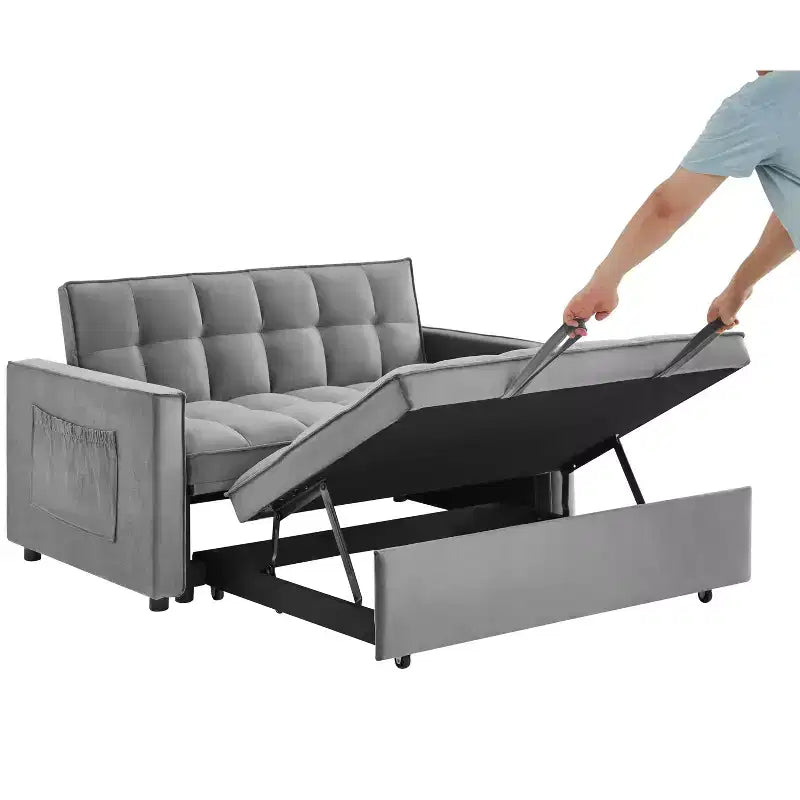 Divano Letto Convertibile Estraibile EHMKNP - Letto Full Size in Velluto Grigio Chiaro con Trapuntatura Capitonnè, Schienale Regolabile su 3 Livelli con 2 Tasche e 2 Cuscini per Appartamento