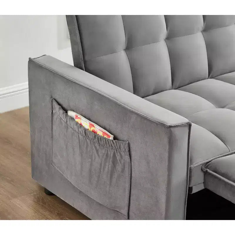 Divano Letto Convertibile Estraibile EHMKNP - Letto Full Size in Velluto Grigio Chiaro con Trapuntatura Capitonnè, Schienale Regolabile su 3 Livelli con 2 Tasche e 2 Cuscini per Appartamento