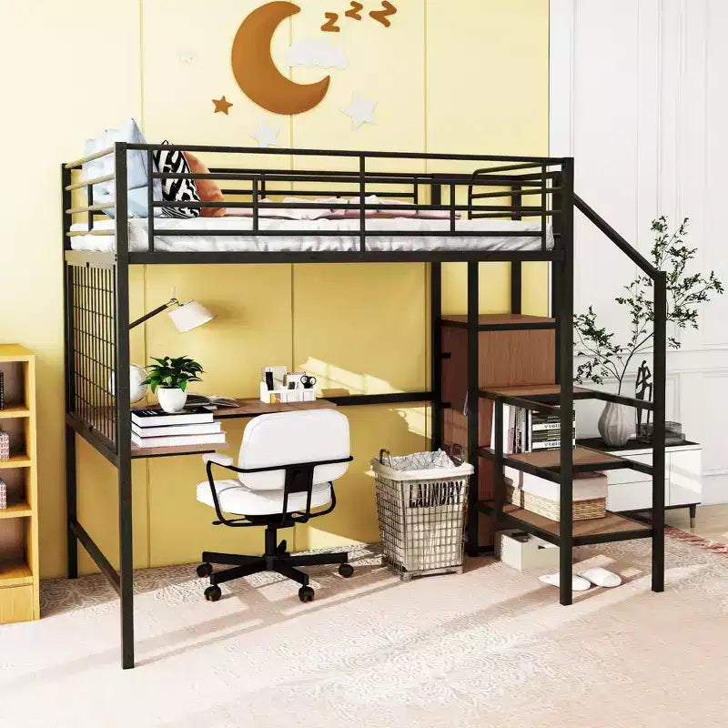 Bellemave Full Size Metal Loft Bed with Desk and Metal Grid, Stylish Metal Frame Bed with Lateral Storage Ladder and Wardrobe, Black