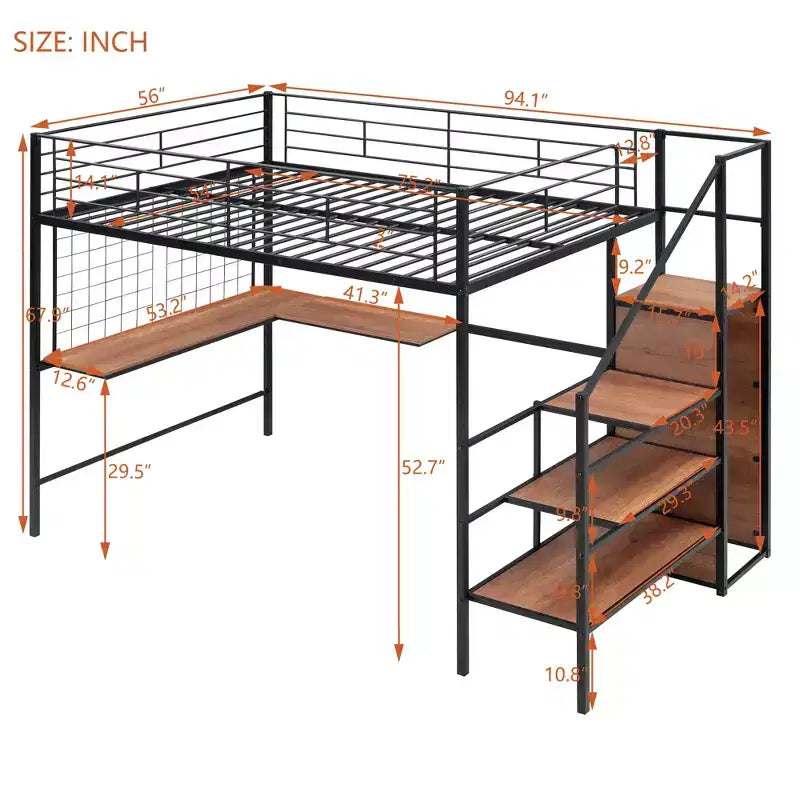 Bellemave Letto a soppalco in metallo matrimoniale con scrivania e griglia metallica, elegante letto con struttura in metallo, scala laterale portaoggetti e armadio, nero