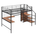 Bellemave Letto a soppalco in metallo matrimoniale con scrivania e griglia metallica, elegante letto con struttura in metallo, scala laterale portaoggetti e armadio, nero