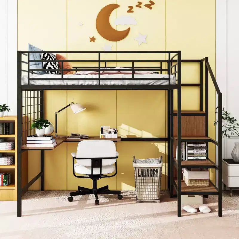 Bellemave Letto a soppalco in metallo matrimoniale con scrivania e griglia metallica, elegante letto con struttura in metallo, scala laterale portaoggetti e armadio, nero
