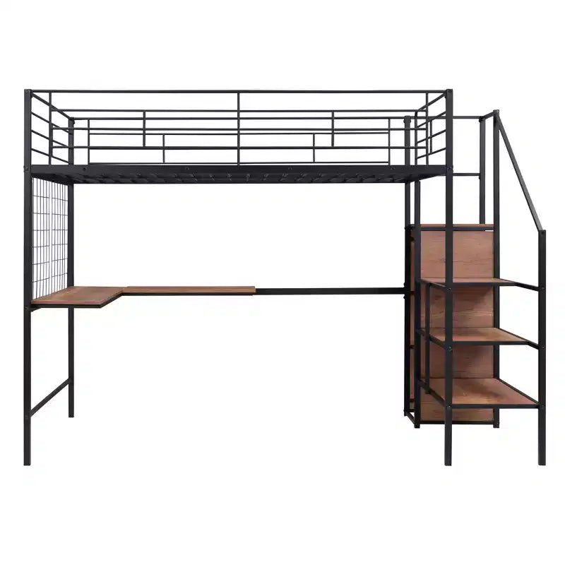 Bellemave Letto a soppalco in metallo matrimoniale con scrivania e griglia metallica, elegante letto con struttura in metallo, scala laterale portaoggetti e armadio, nero