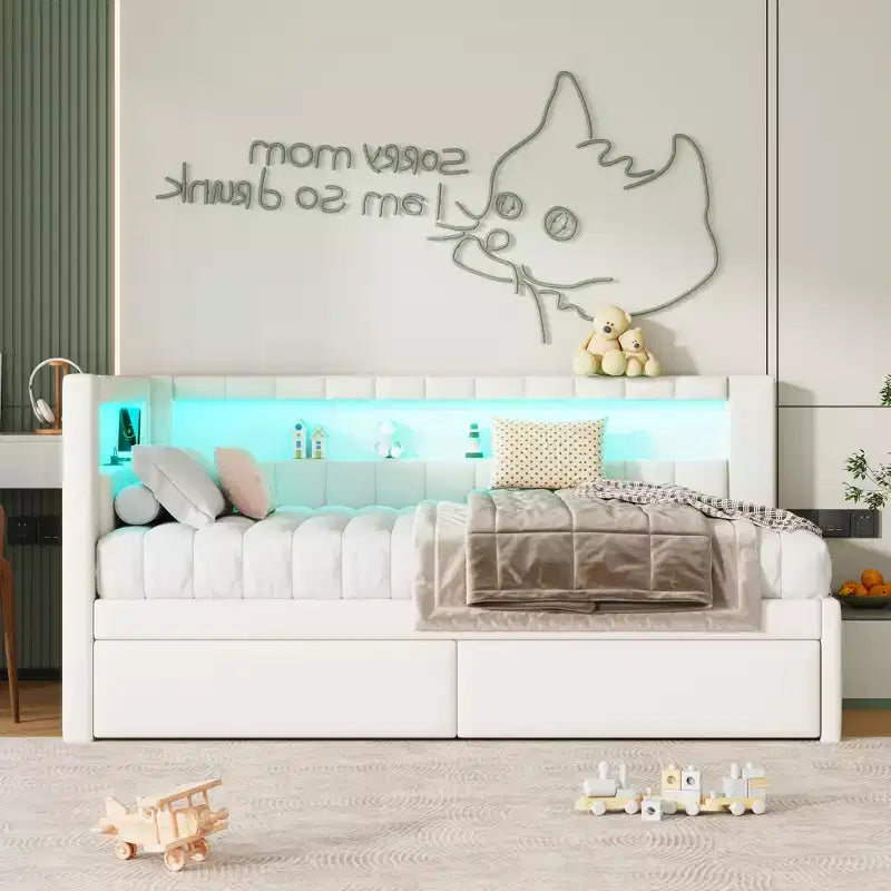 Bellemave Letto Imbottito Singolo con Porte USB e Striscia LED, con 2 Cassetti, Bianco