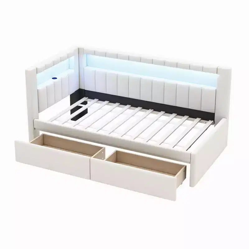 Bellemave Letto Imbottito Singolo con Porte USB e Striscia LED, con 2 Cassetti, Bianco