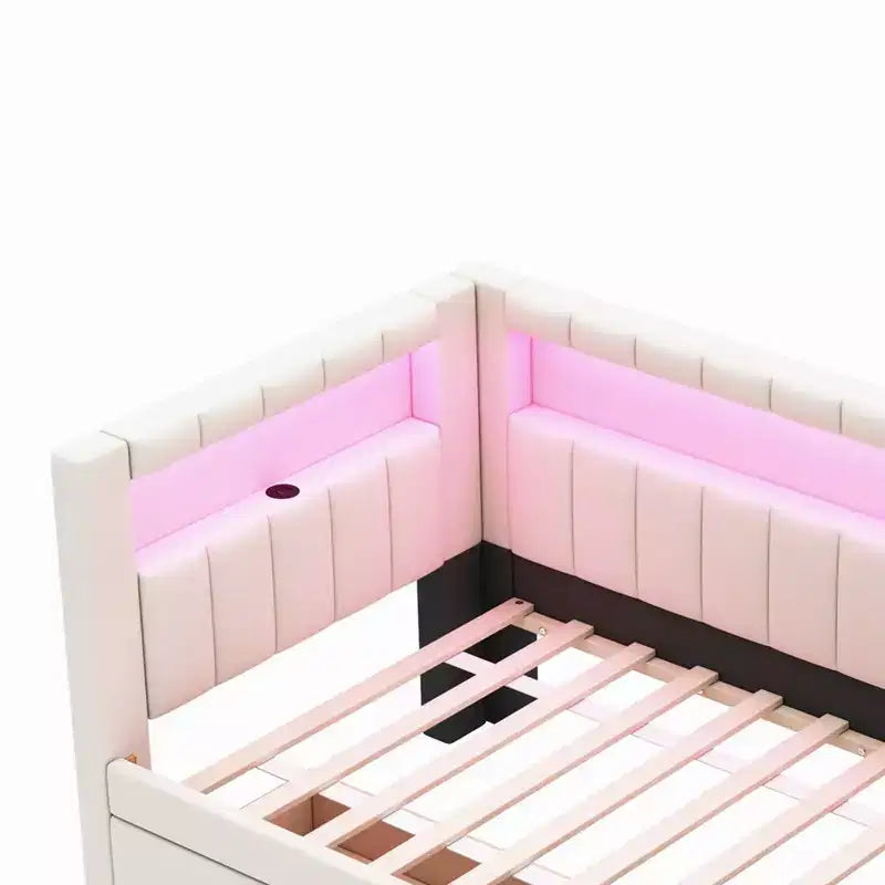 Bellemave Letto Imbottito Singolo con Porte USB e Striscia LED, con 2 Cassetti, Bianco