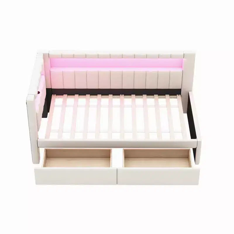 Bellemave Letto Imbottito Singolo con Porte USB e Striscia LED, con 2 Cassetti, Bianco