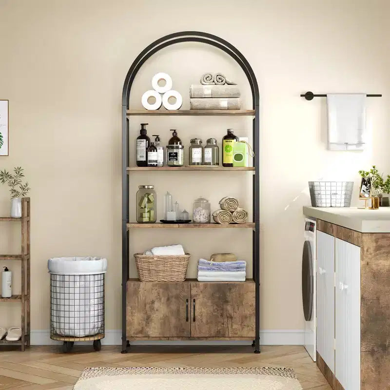 Libreria ad arco a 4 livelli con ante e vano portaoggetti, libreria industriale alta 181 cm con struttura in metallo, libreria curva aperta, espositore