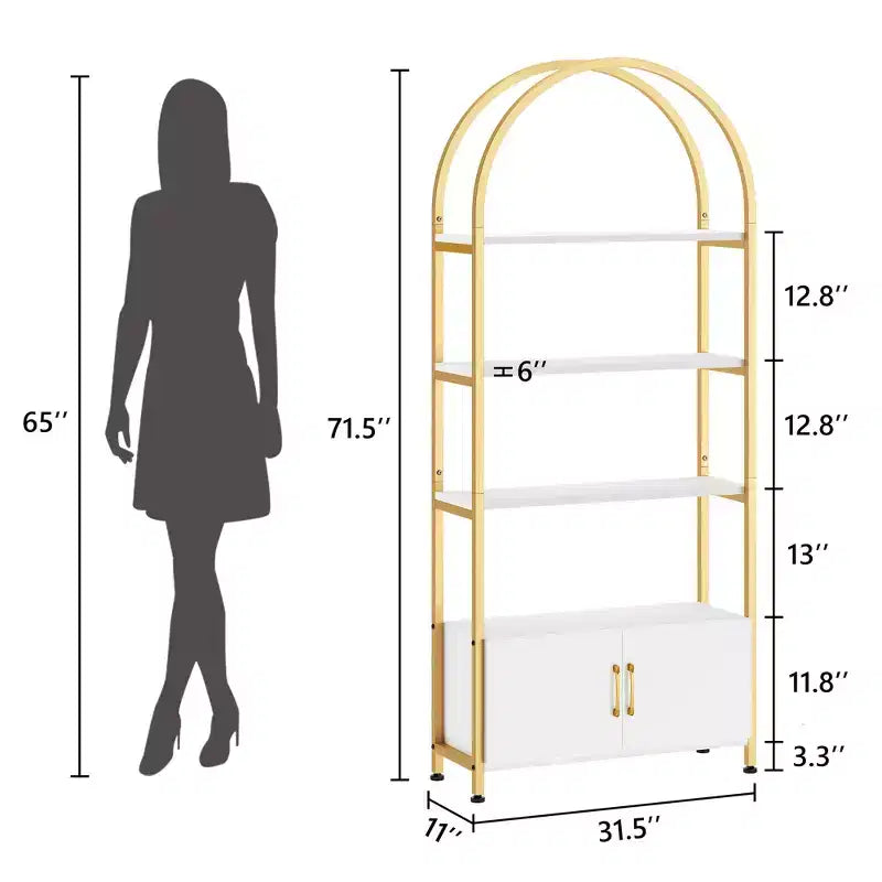 Libreria ad arco a 4 livelli con ante e vano portaoggetti, libreria industriale alta 181 cm con struttura in metallo, libreria curva aperta, espositore
