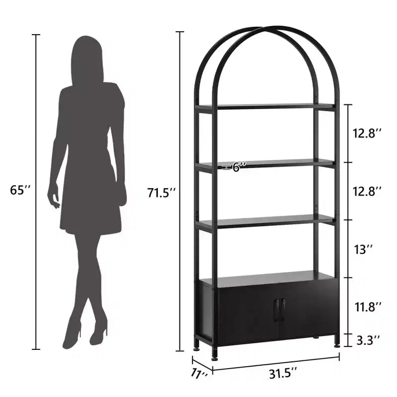 Libreria ad arco a 4 livelli con ante e vano portaoggetti, libreria industriale alta 181 cm con struttura in metallo, libreria curva aperta, espositore